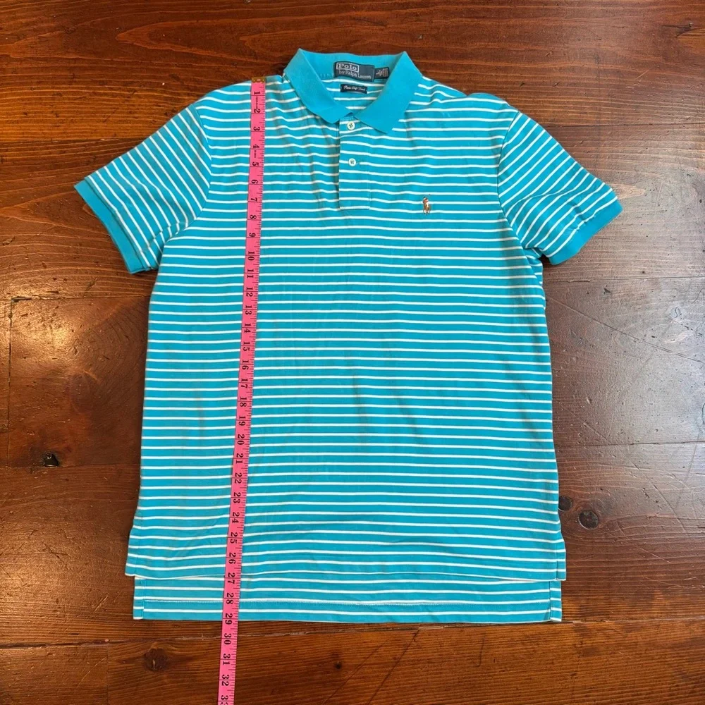Polo by Ralph Lauren Teal and White Striped Polo‎ Shirt- Pima Soft Touch- Large